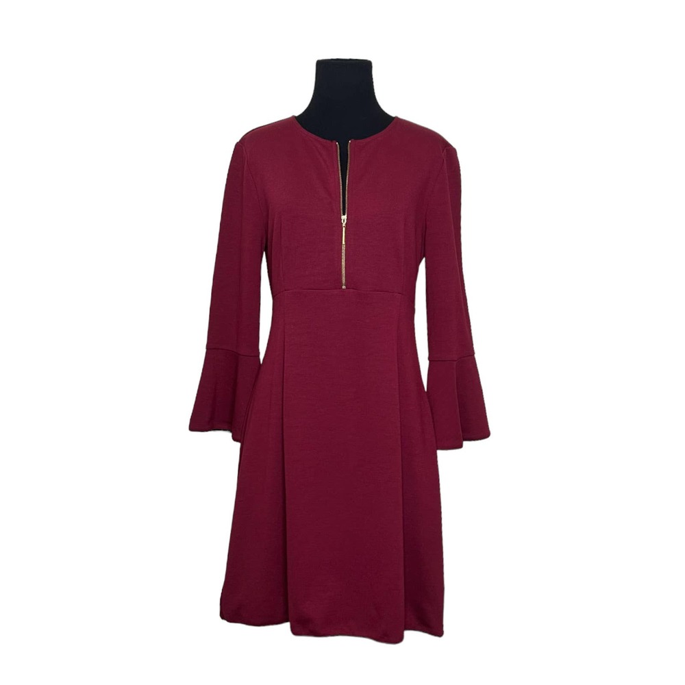 Rachel Zoe Maroon Red Long Bell Sleeve Zip Up V Neck Fit Flare Mini Dress size 4